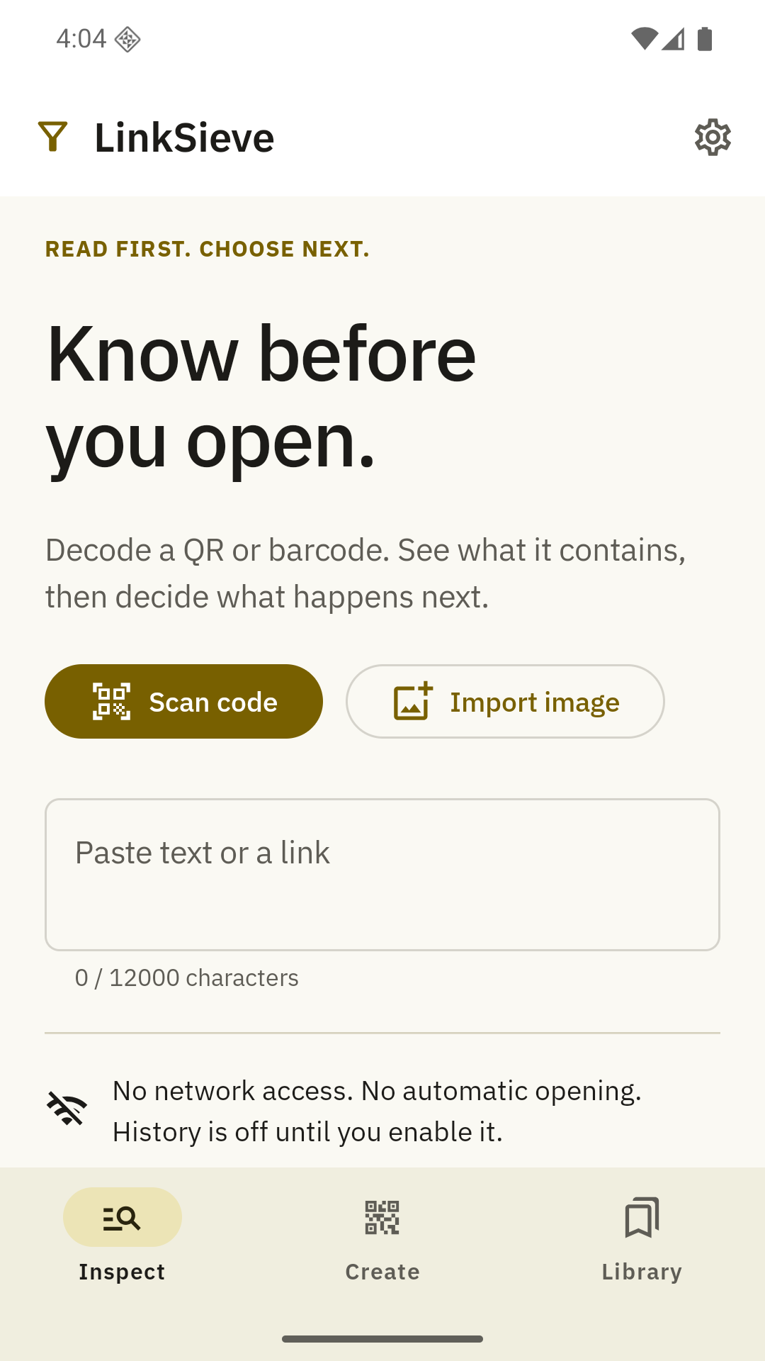 LinkSieve's working Inspect screen with Scan code and Import image controls