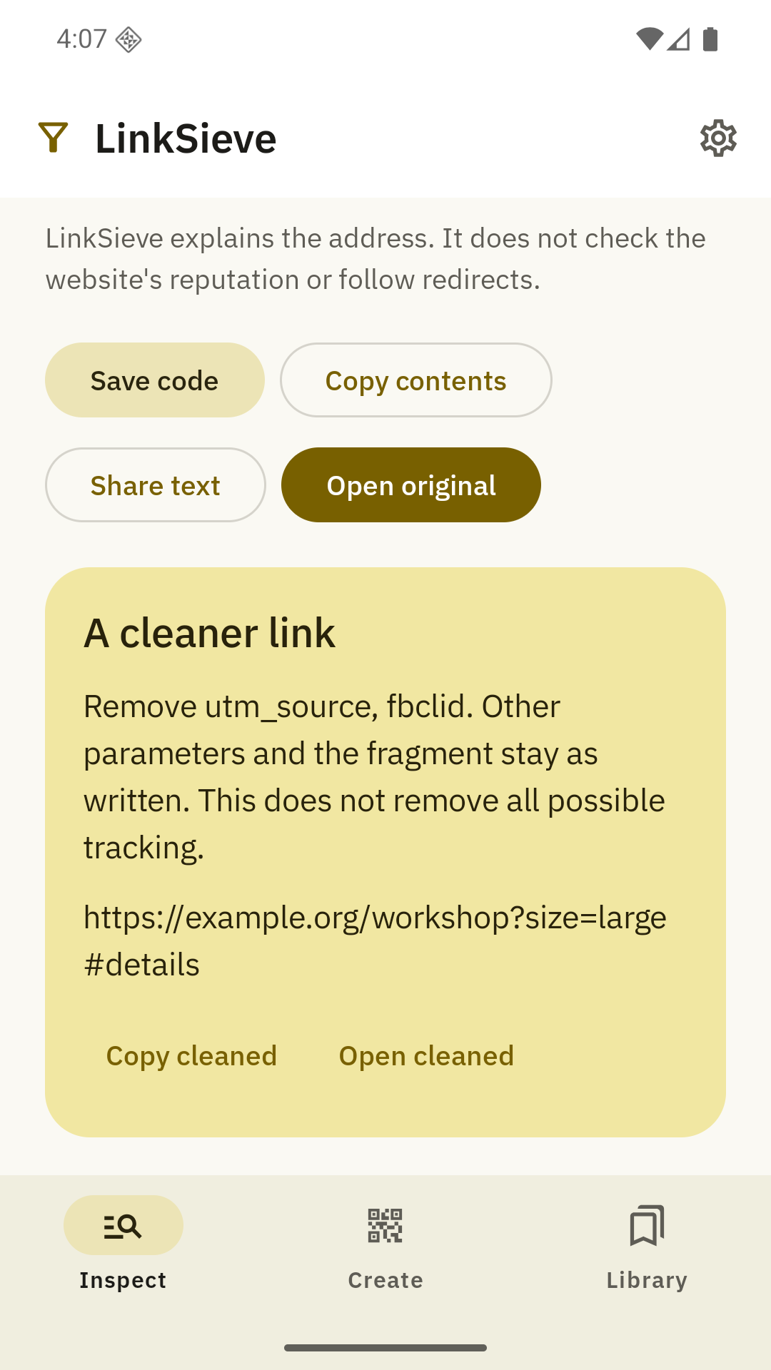 A tracking cleanup preview showing the address before copying