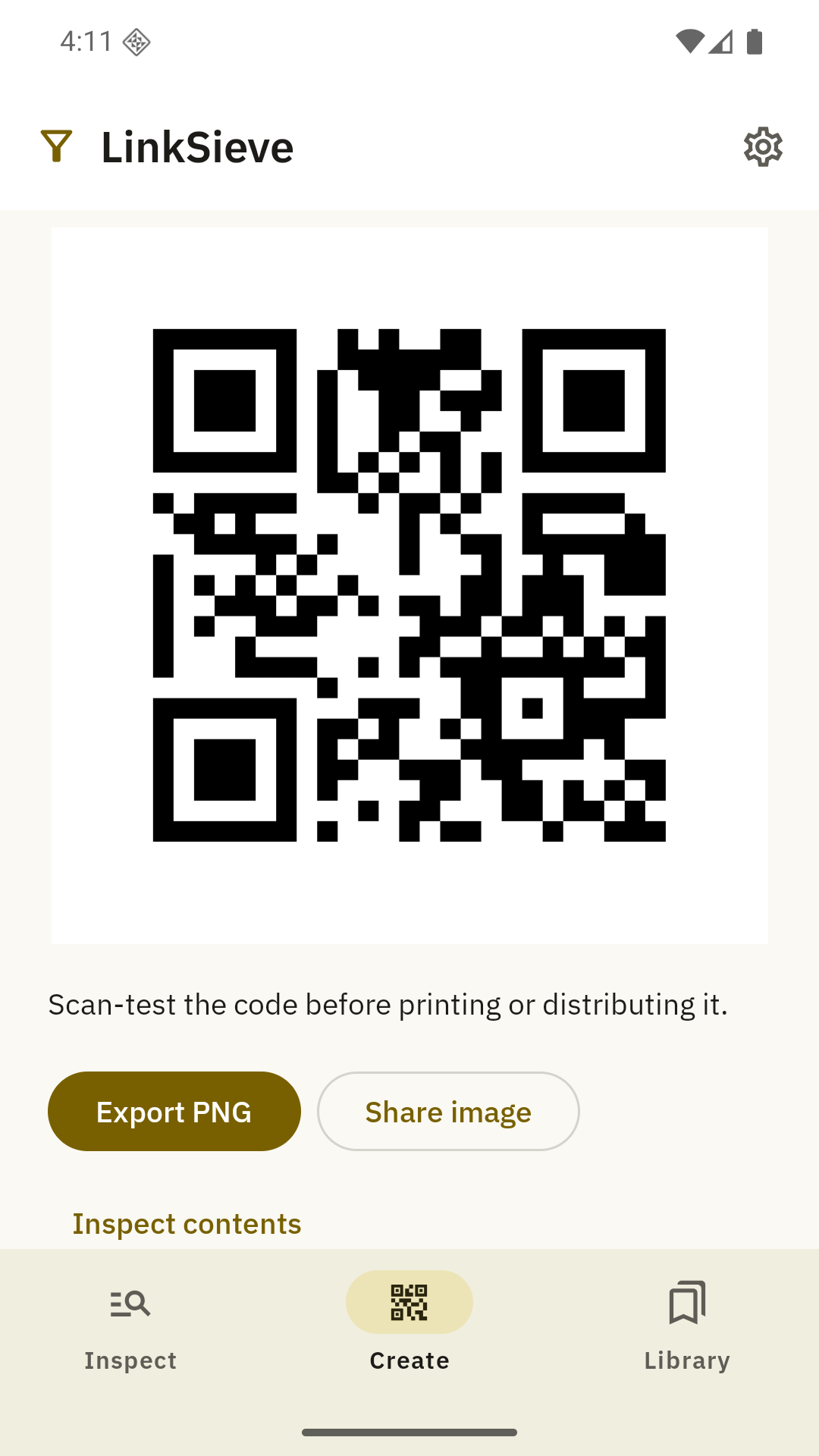 A QR code generated from text in LinkSieve, with PNG export controls