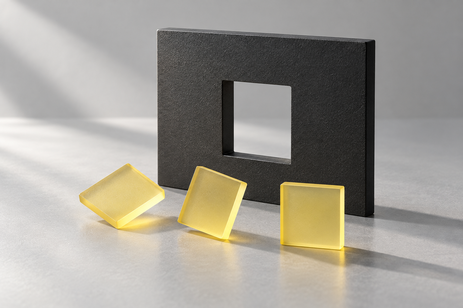 Geometric still life of yellow tiles and a charcoal plate with a square opening