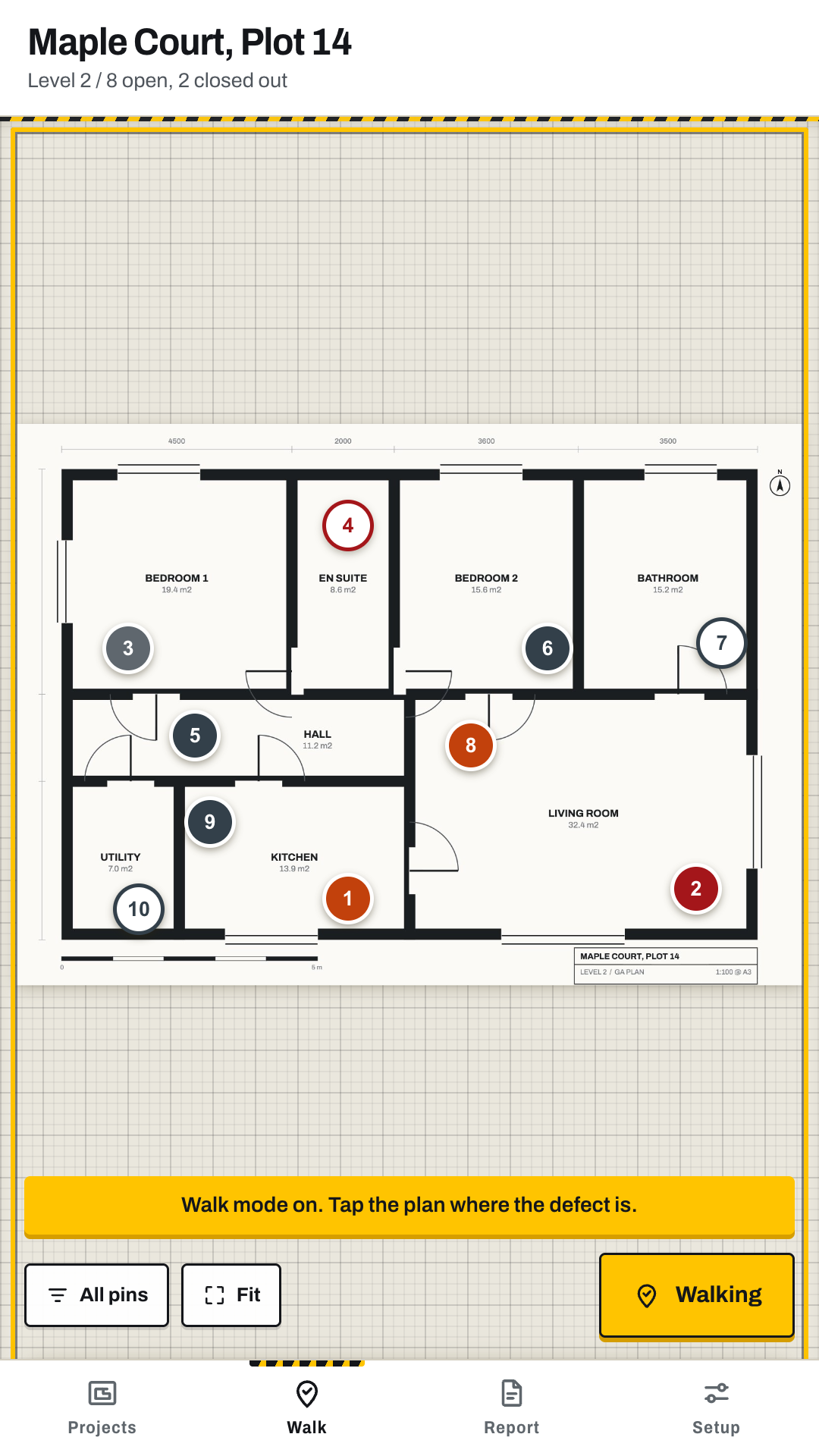 A floorplan with numbered defect pins dropped where the problems are.