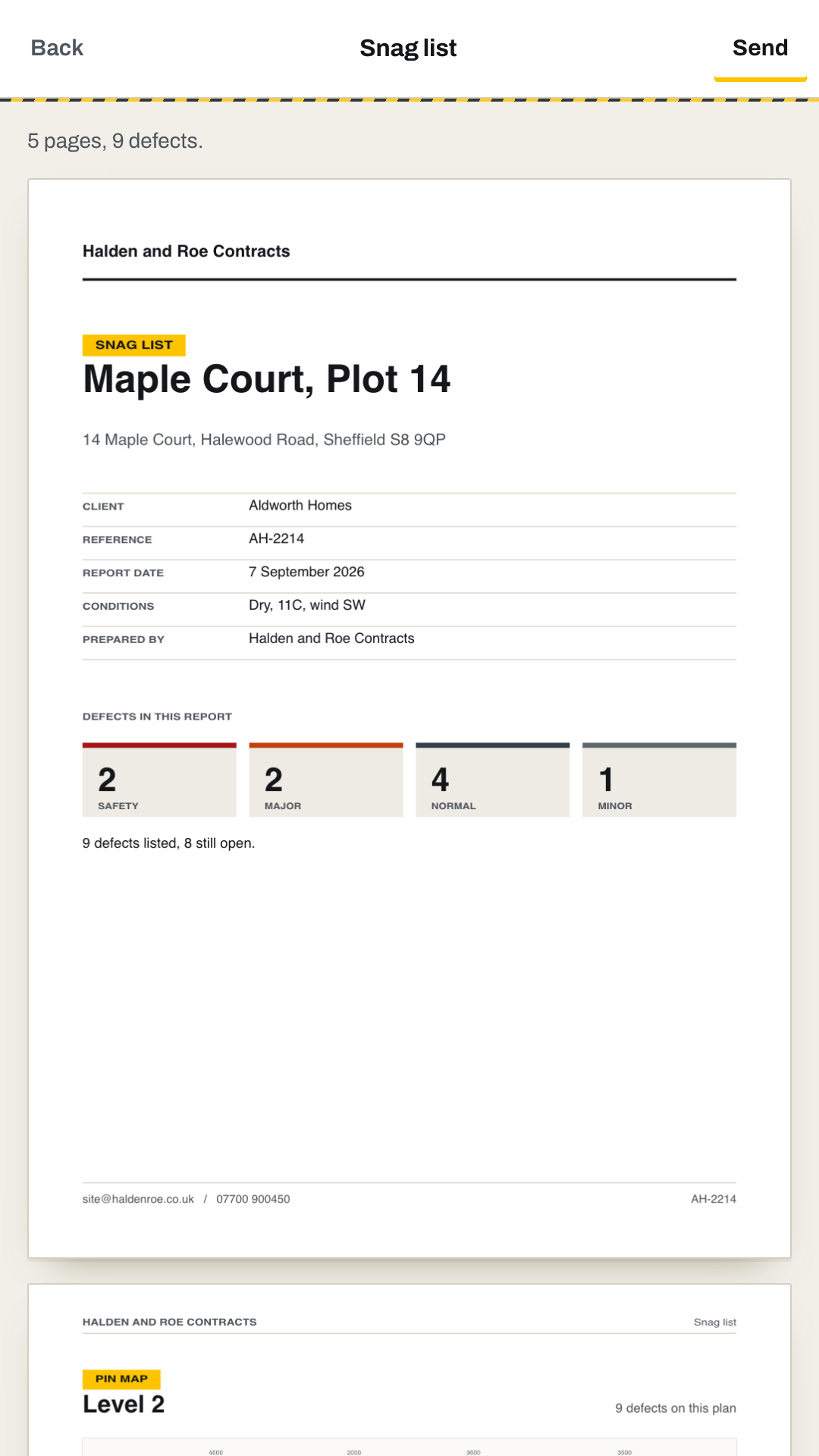 A generated PDF report with a branded cover and a plan page.