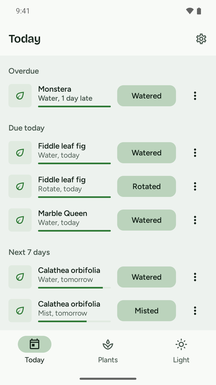 The Today list with one plant a day late, three due today and two due tomorrow