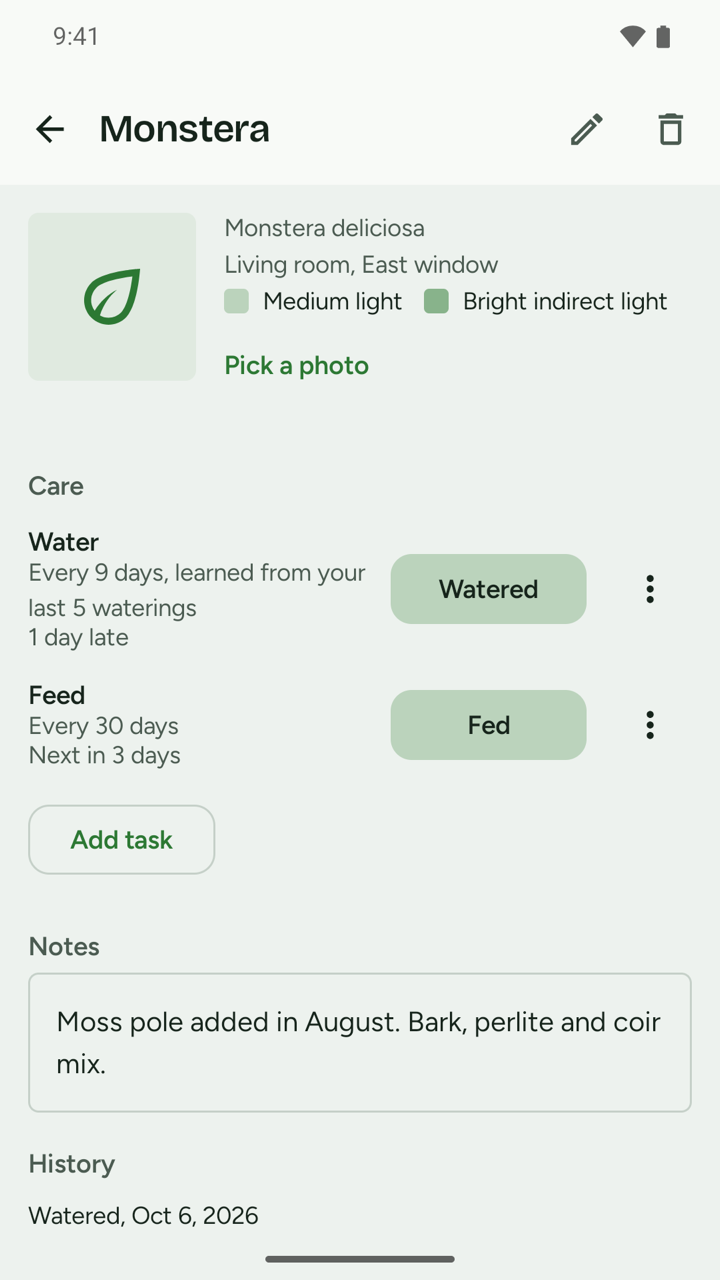 A Monstera watered every 9 days, learned from its last 5 waterings