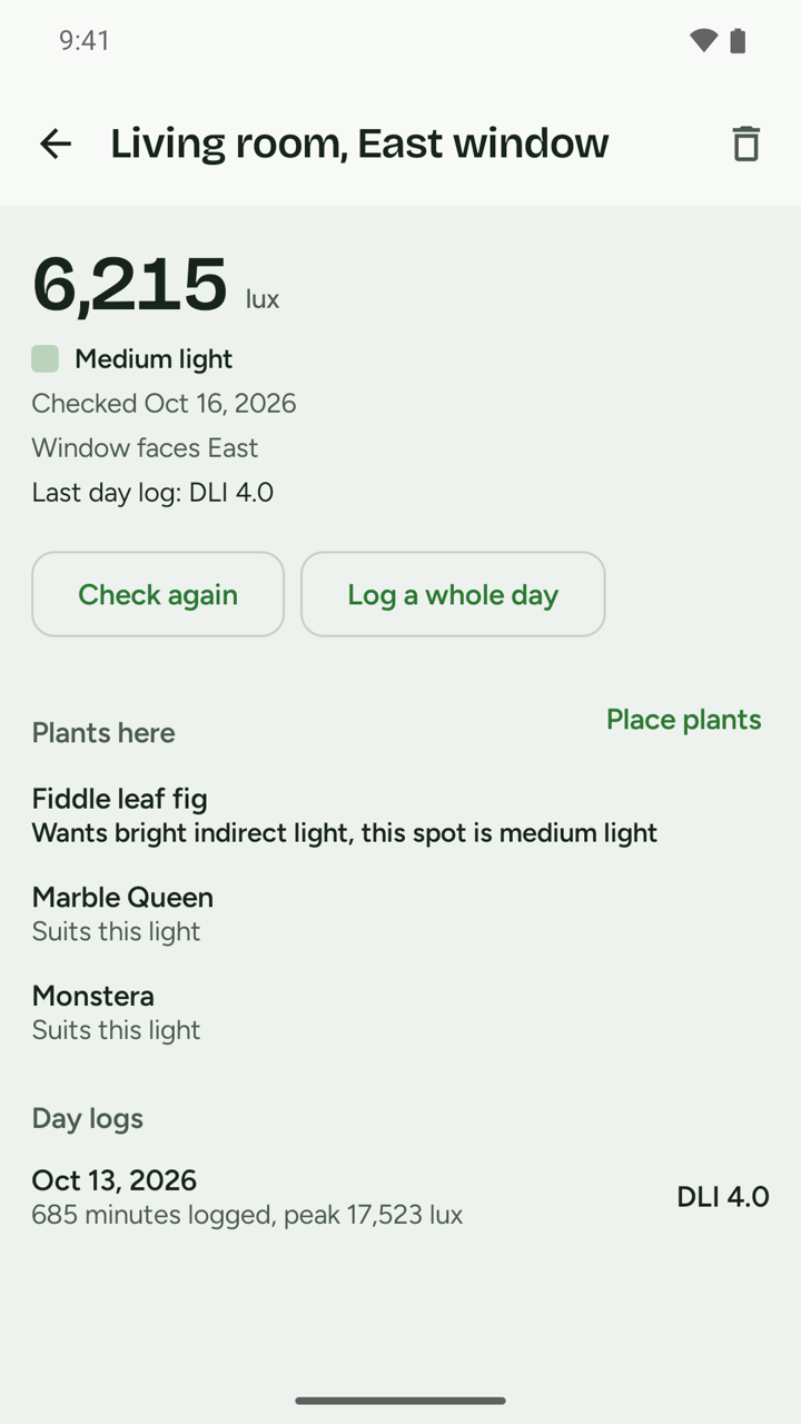 A saved east window spot at 6,215 lux with its plants and a day log, part of the unlock