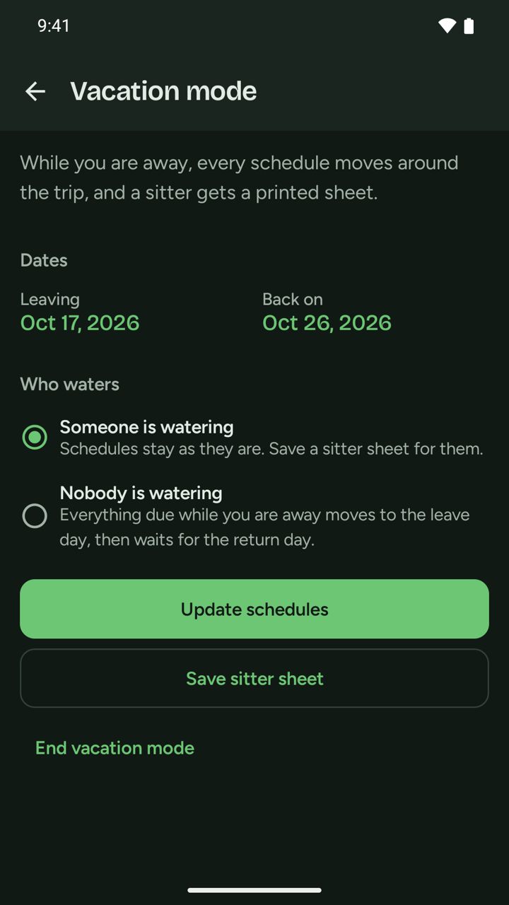 Vacation mode in dark theme, part of the unlock